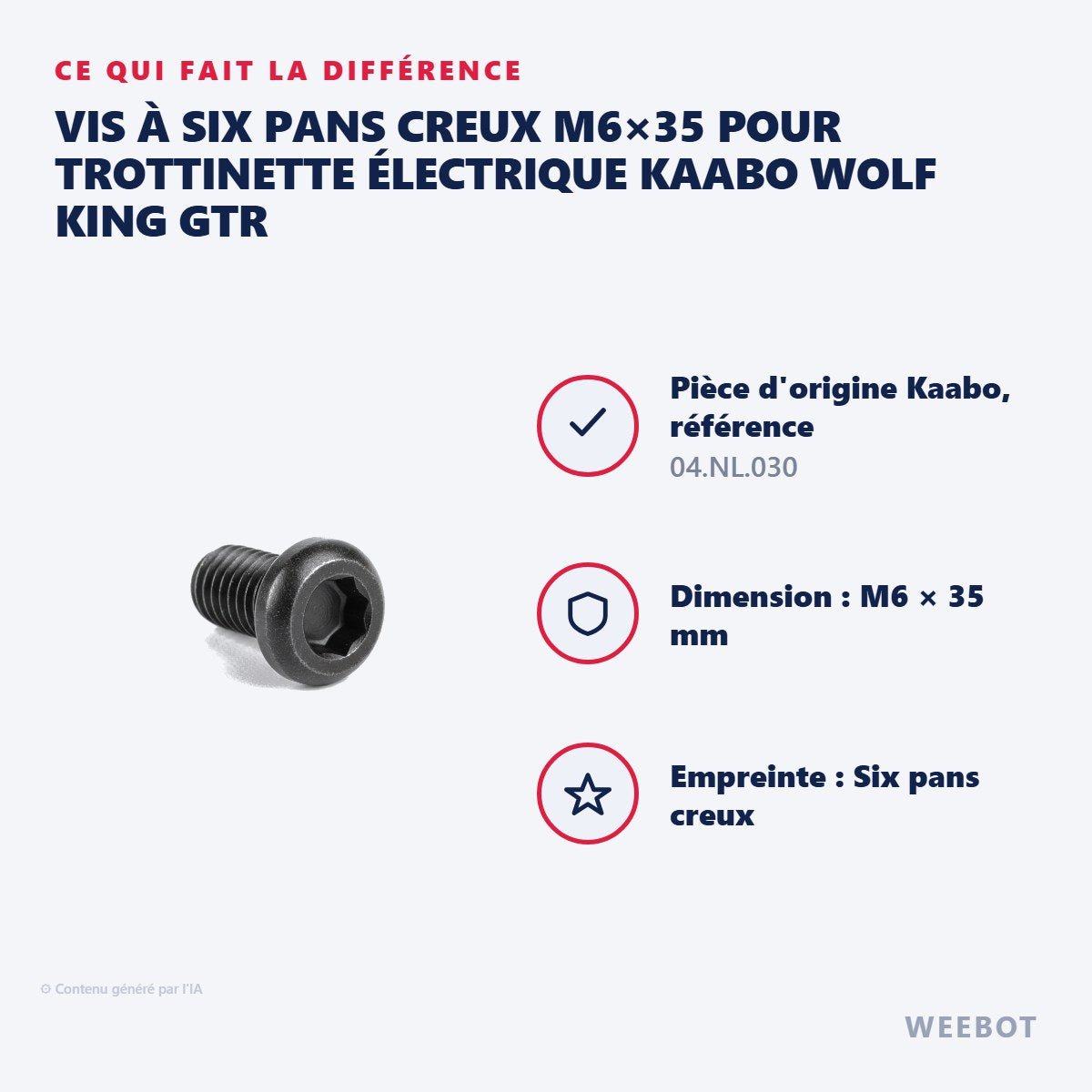 Vis à Six Pans Creux M6×35 pour Trottinette Électrique Kaabo Wolf King GTR - Weebot