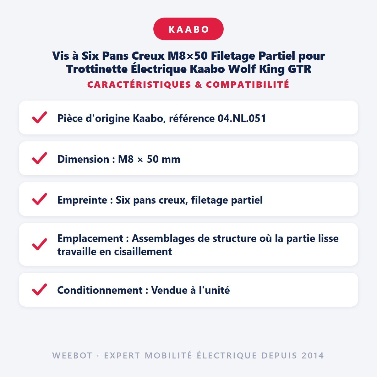 Vis à Six Pans Creux M8×50 Filetage Partiel pour Trottinette Électrique Kaabo Wolf King GTR - Weebot