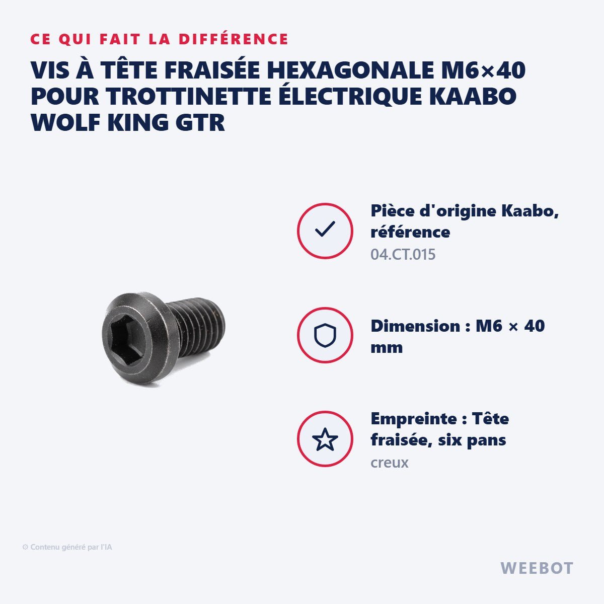 Vis à Tête Fraisée Hexagonale M6×40 pour Trottinette Électrique Kaabo Wolf King GTR - Weebot