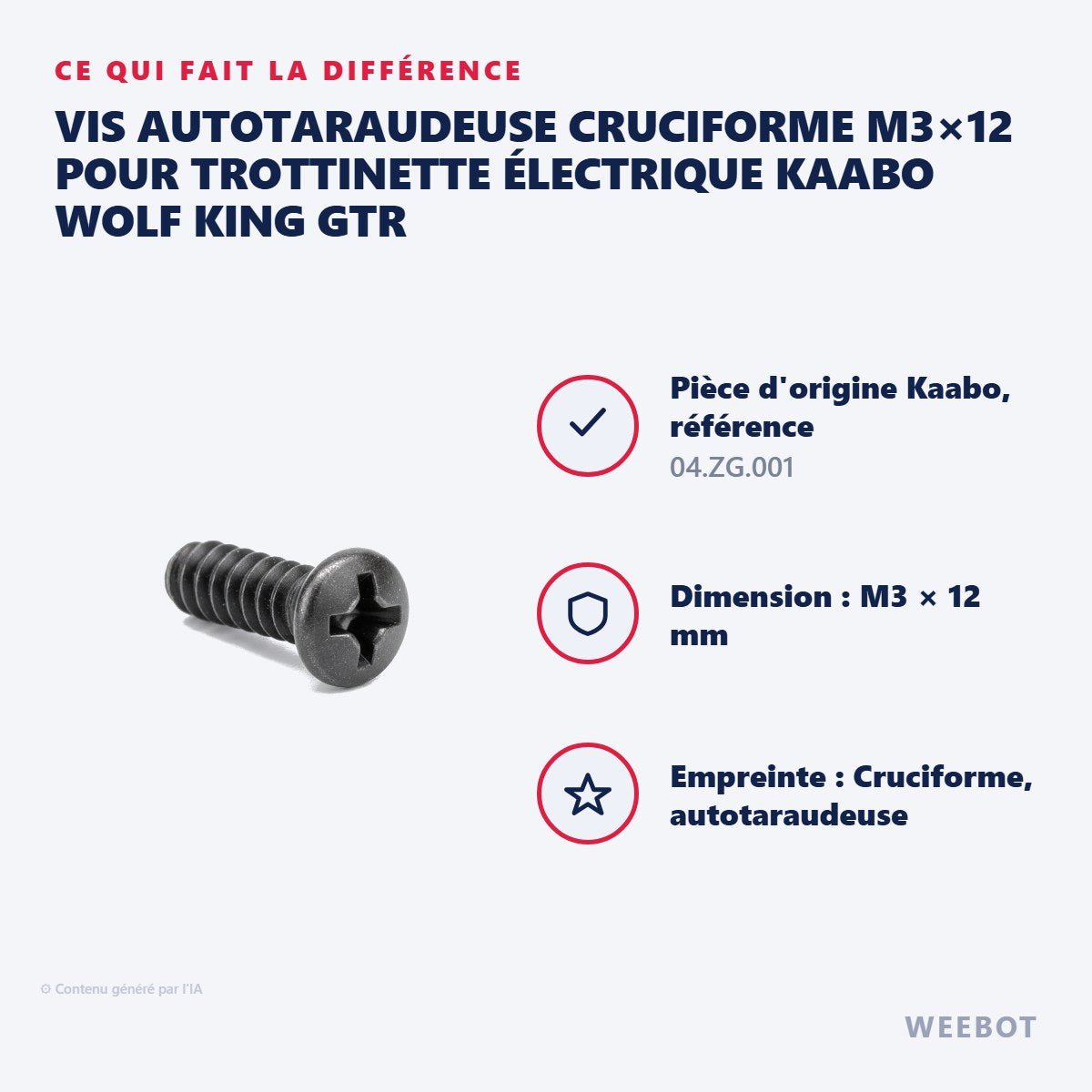 Vis Autotaraudeuse Cruciforme M3×12 pour Trottinette Électrique Kaabo Wolf King GTR - Weebot