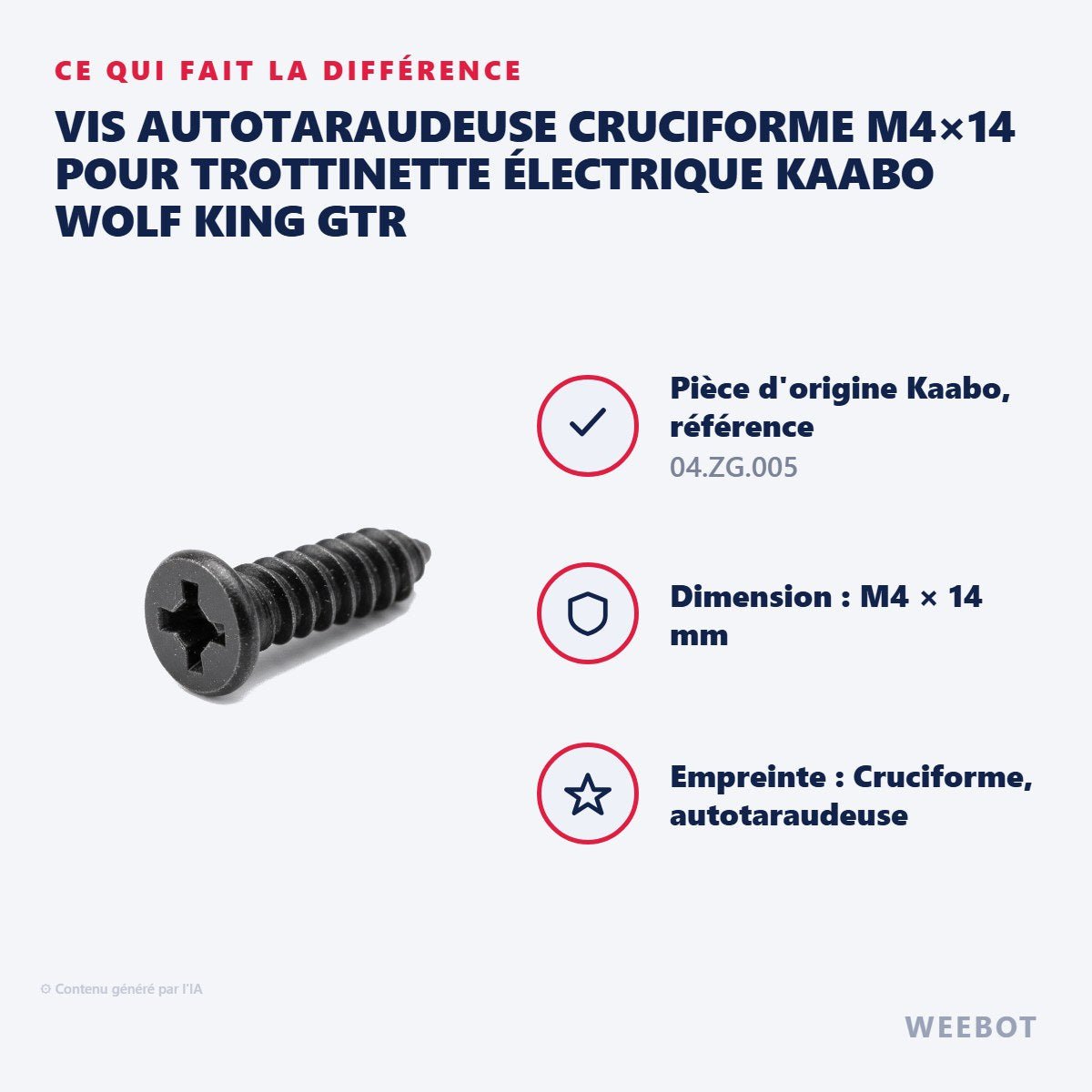 Vis Autotaraudeuse Cruciforme M4×14 pour Trottinette Électrique Kaabo Wolf King GTR - Weebot