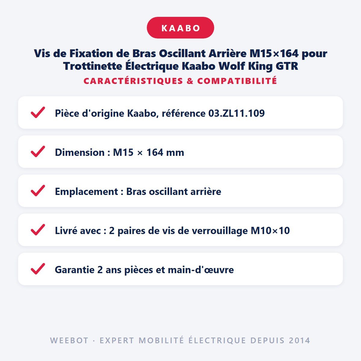 Vis de Fixation de Bras Oscillant Arrière M15×164 pour Trottinette Électrique Kaabo Wolf King GTR - Weebot