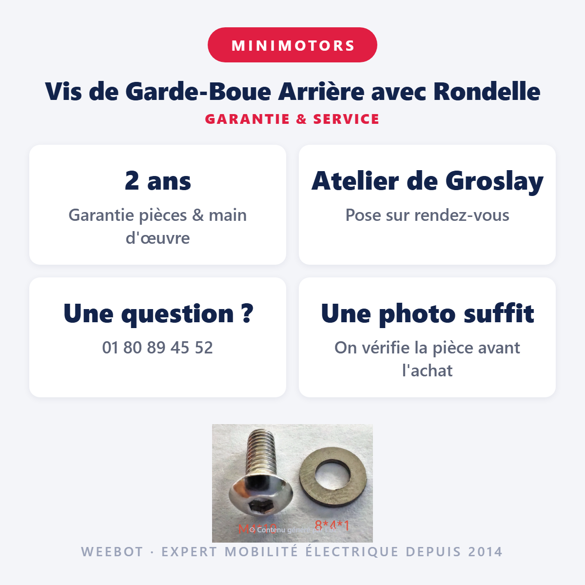 Vis de Garde-Boue Arrière avec Rondelle : garantie 2 ans et service après-vente
