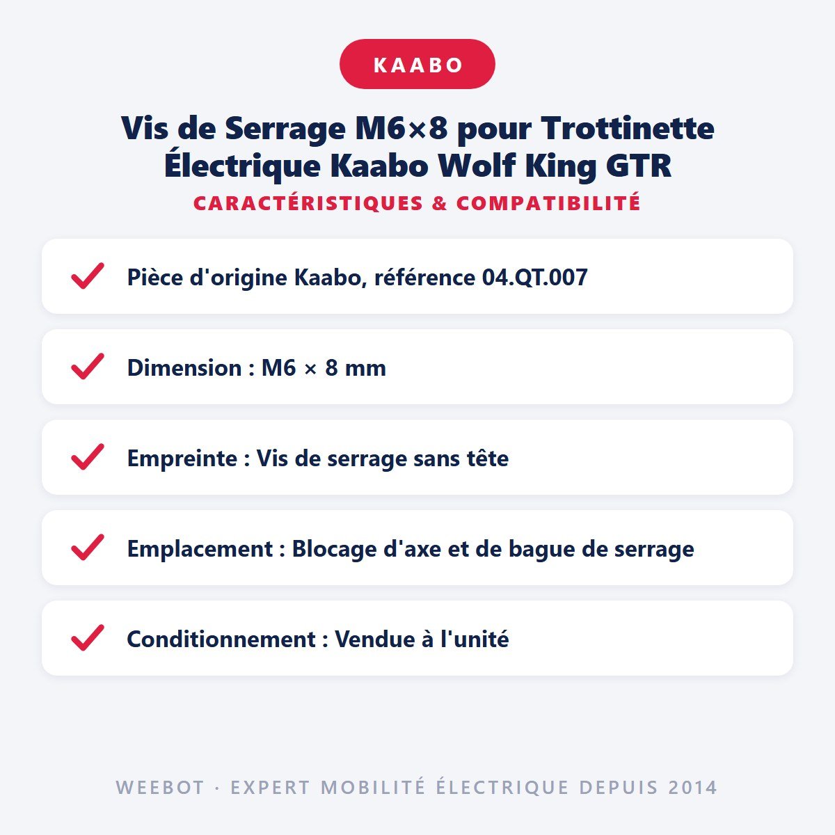 Vis de Serrage M6×8 pour Trottinette Électrique Kaabo Wolf King GTR - Weebot
