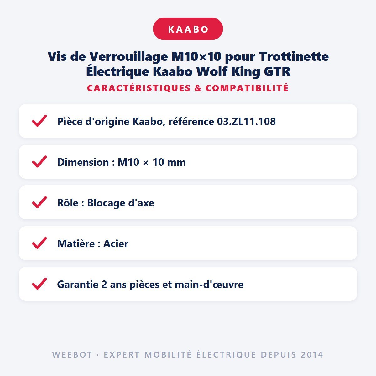 Vis de Verrouillage M10×10 pour Trottinette Électrique Kaabo Wolf King GTR - Weebot