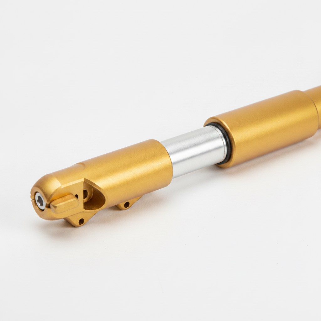 Suspension Avant Réglable Gauche Dorée Kaabo Wolf King GTR, packshot studio sur fond blanc